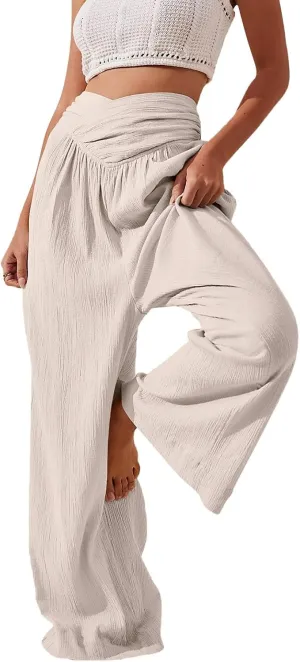 Women's Stylish Linen Palazzo Pants V-Crossover Waisted Wide Leg Casual Lounge Trousers Summer Boho Yoga Beach Pants