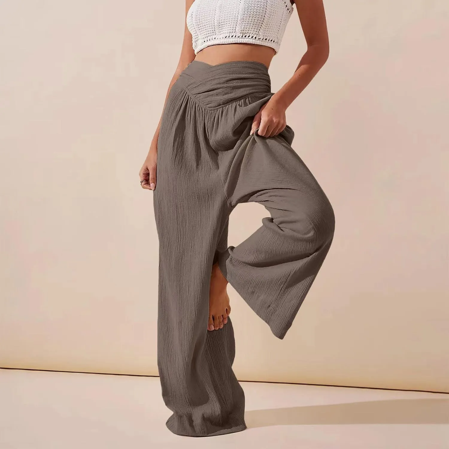 Women's Stylish Linen Palazzo Pants V-Crossover Waisted Wide Leg Casual Lounge Trousers Summer Boho Yoga Beach Pants