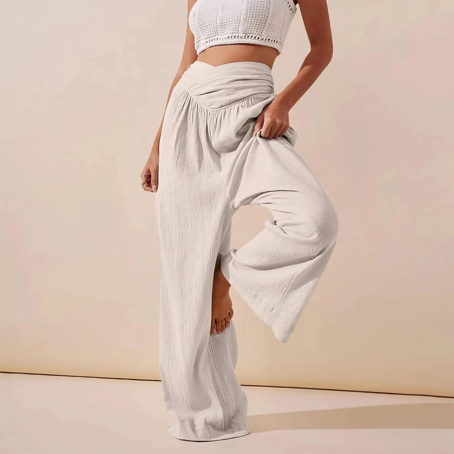 Women's Stylish Linen Palazzo Pants V-Crossover Waisted Wide Leg Casual Lounge Trousers Summer Boho Yoga Beach Pants