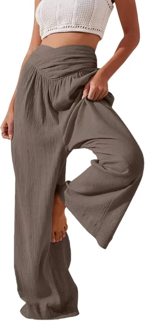Women's Stylish Linen Palazzo Pants V-Crossover Waisted Wide Leg Casual Lounge Trousers Summer Boho Yoga Beach Pants