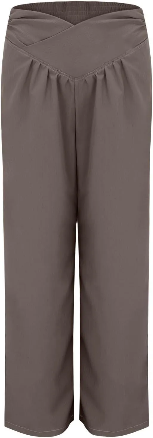 Women's Stylish Linen Palazzo Pants V-Crossover Waisted Wide Leg Casual Lounge Trousers Summer Boho Yoga Beach Pants