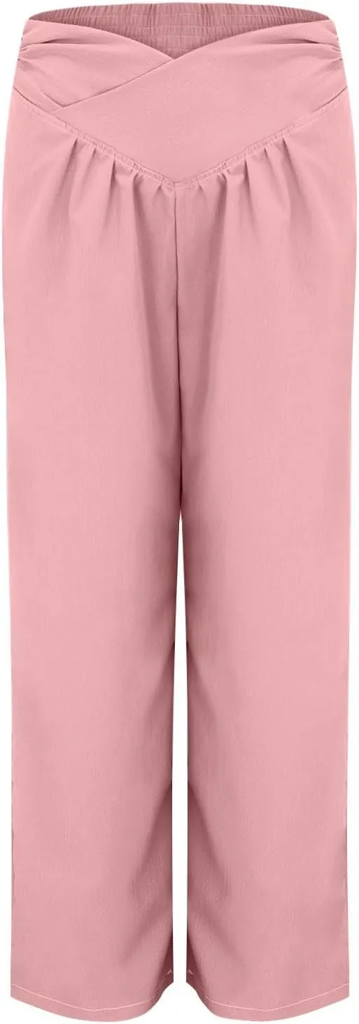 Women's Stylish Linen Palazzo Pants V-Crossover Waisted Wide Leg Casual Lounge Trousers Summer Boho Yoga Beach Pants